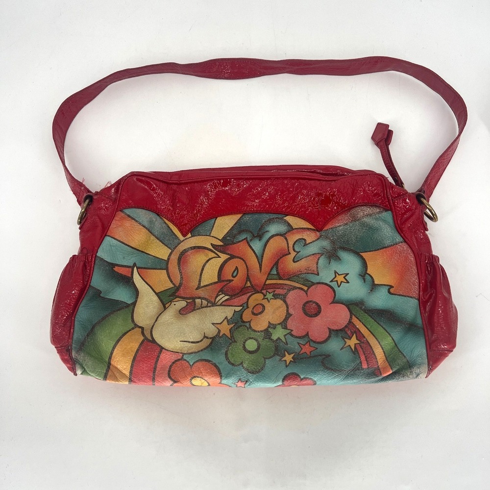 Vtg Isabella Fiore Baby Love Messenger Bag Red Leather Tattoo Y2K Rainbow Diaper